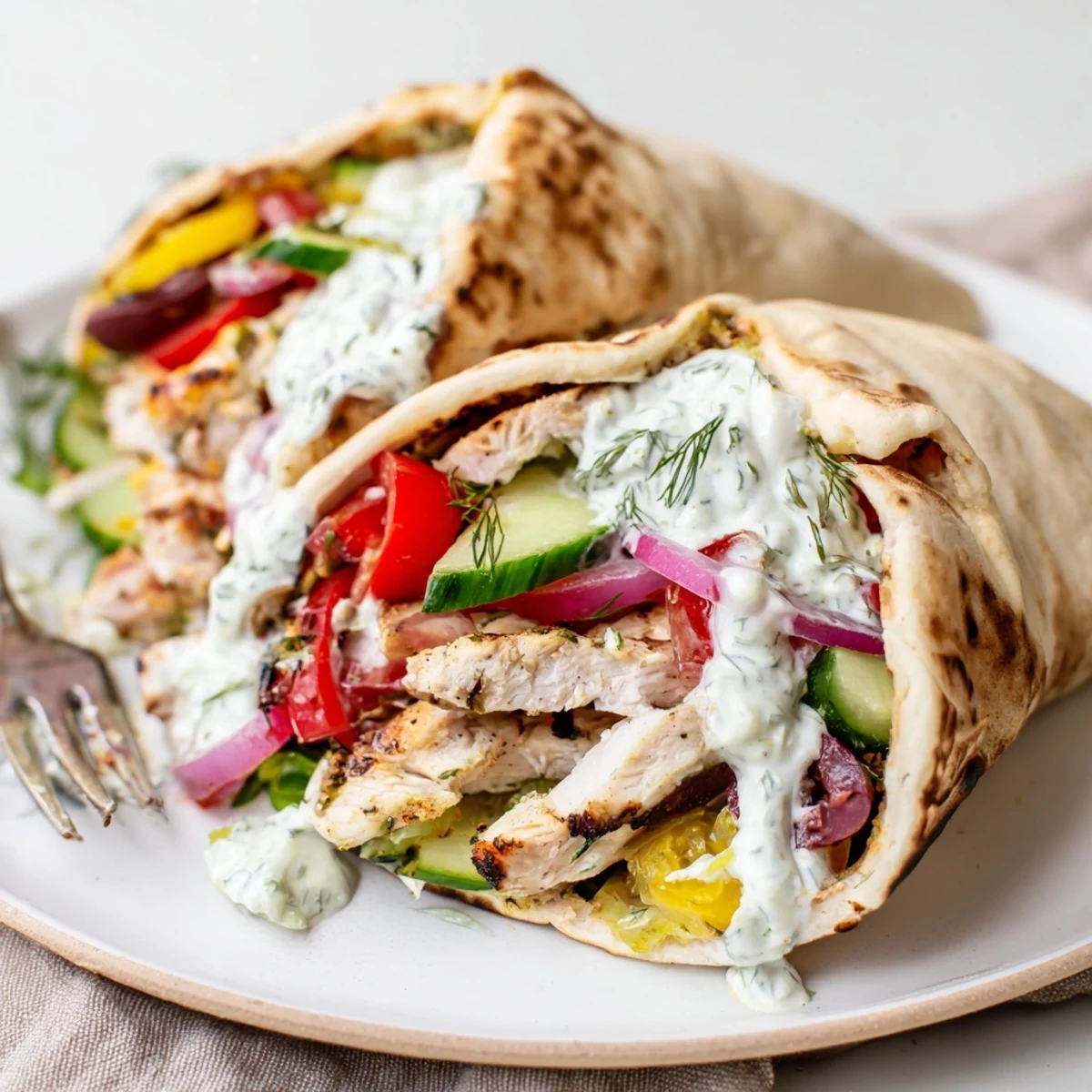 Mediterranean Chicken Pita Wraps with charred chicken, crisp vegetables, creamy yogurt drizzle.