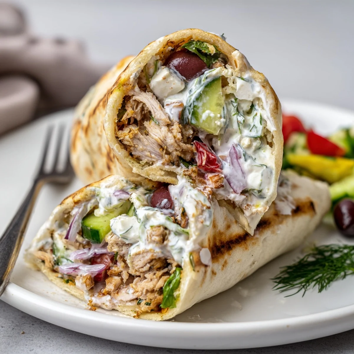 Warm Mediterranean Chicken Pita Wraps, tangy feta and dill sauce, ready to serve.