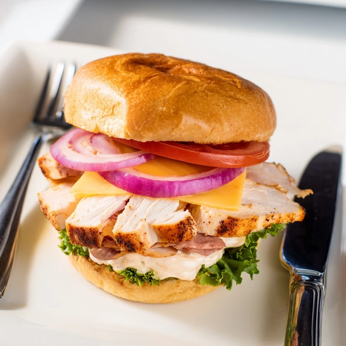 Spicy Chicken Sandwich With Creamy Sauce glistening on toasted bun, juicy chicken