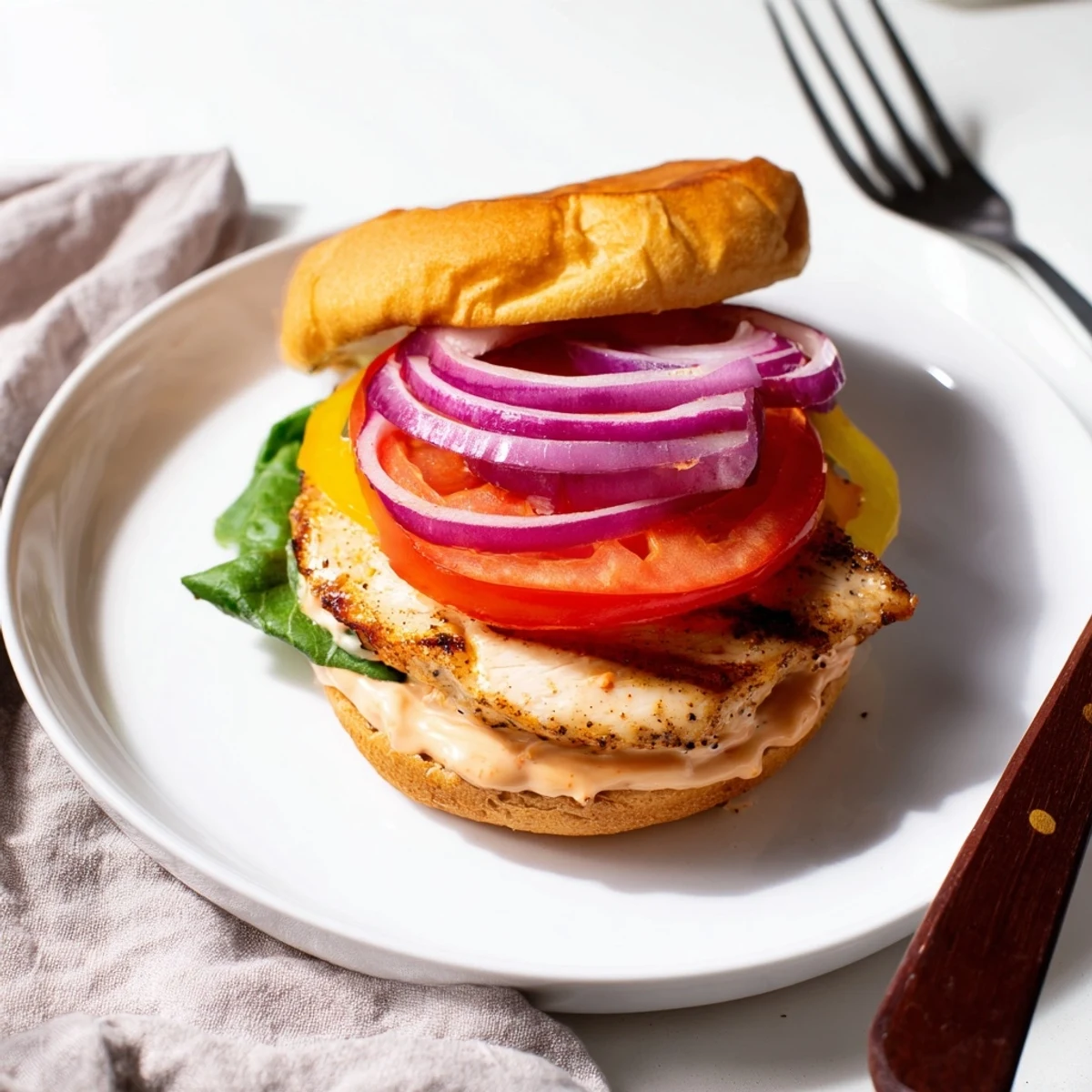 Grilled Spicy Chicken Sandwich With Creamy Sauce with tangy sauce dripping, cheddar melting