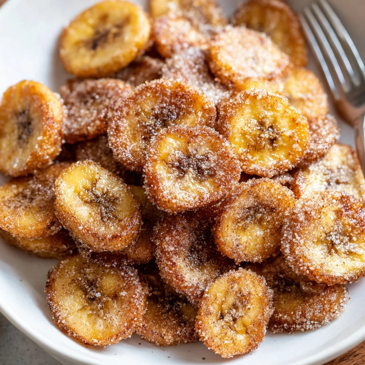 Crispy Cinnamon Sugar Air Fryer Banana Chips piled golden, warm, cinnamon scented snack.