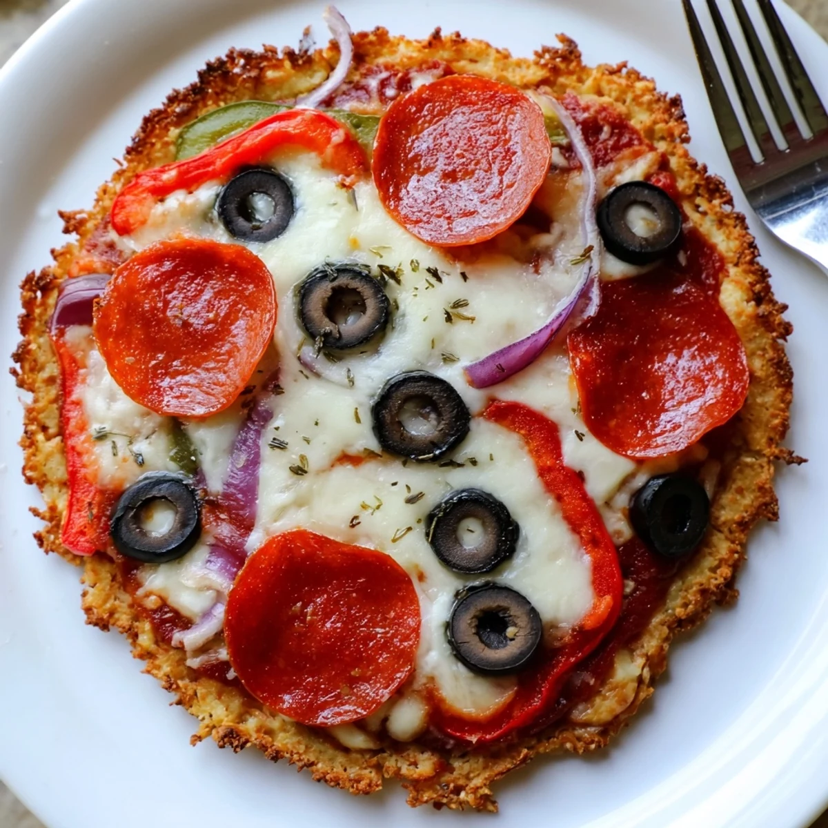 Keto Pizza With Crispy Low Carb Crust topped with bubbling mozzarella and pepperoni