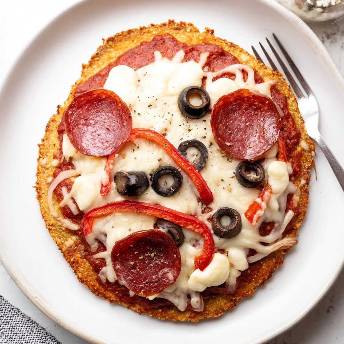 Freshly baked Keto Pizza With Crispy Low Carb Crust steaming beside a green salad