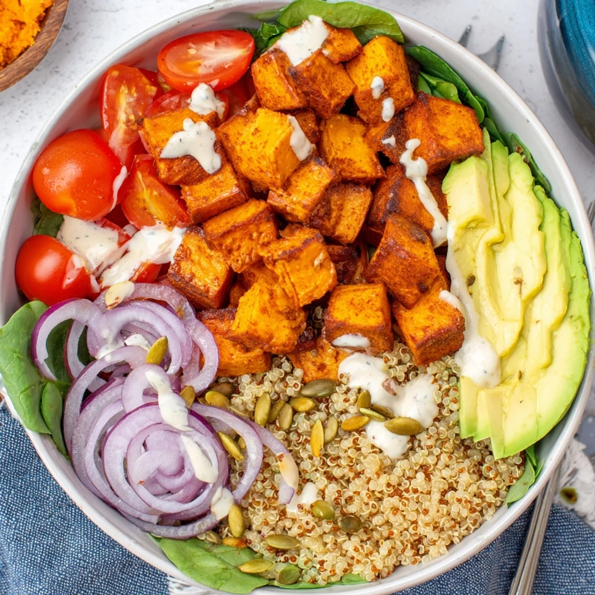 Roasted Sweet Potato Quinoa Salad Bowl with caramelized potato cubes and lemon-tahini drizzle