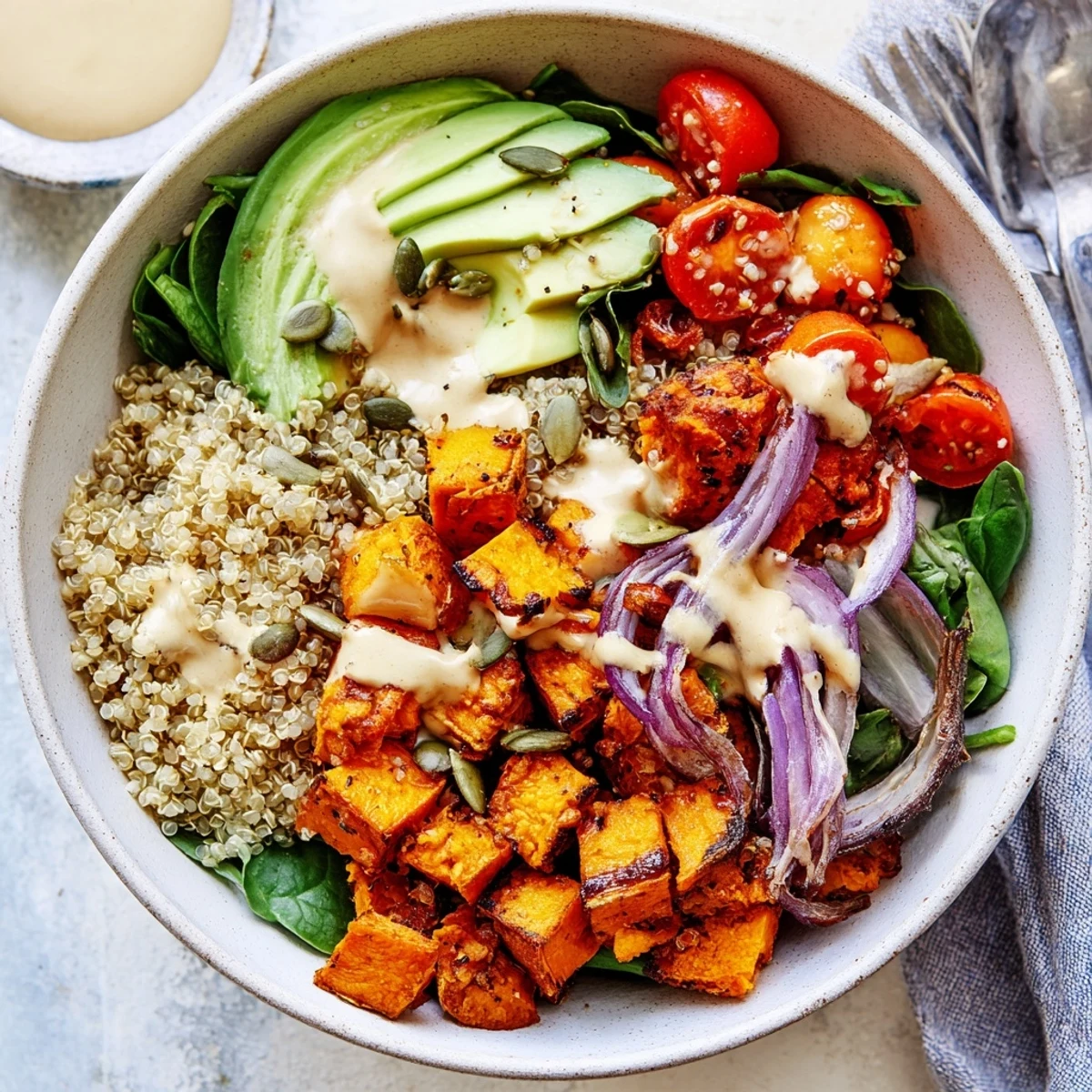 Bright Roasted Sweet Potato Quinoa Salad Bowl on wooden table, avocado and feta