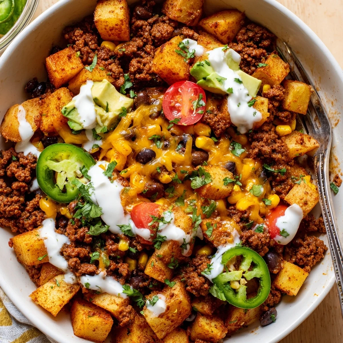 Loaded Potato Taco Bowl with crispy roasted potatoes, melted cheddar, bright cilantro