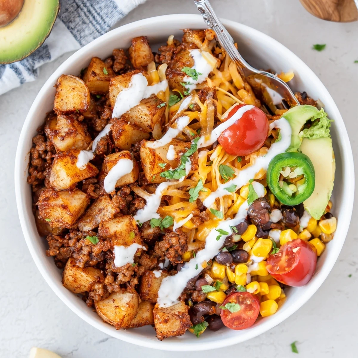 Warm bowl layered with avocado and corn in a Loaded Potato Taco Bowl