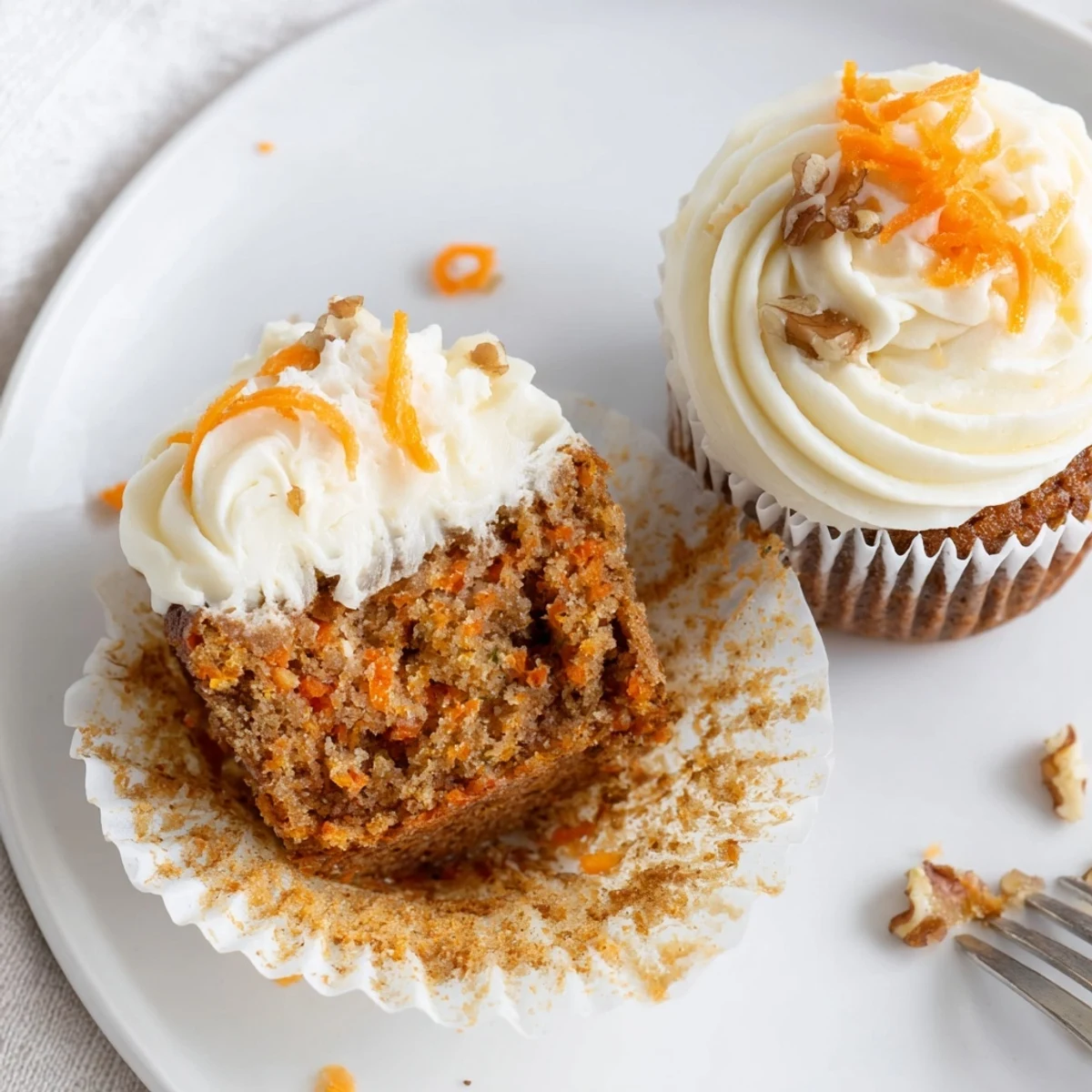 Moist Carrot Cake Cupcakes topped with swirls of cream cheese frosting, sprinkled nuts