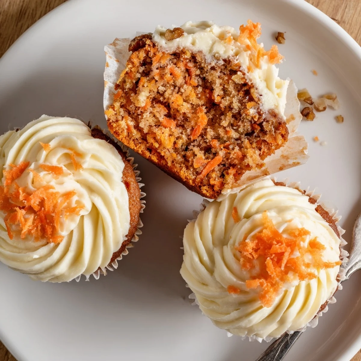 Fresh-baked Moist Carrot Cake Cupcakes cooling on a wire rack, warm spice aroma