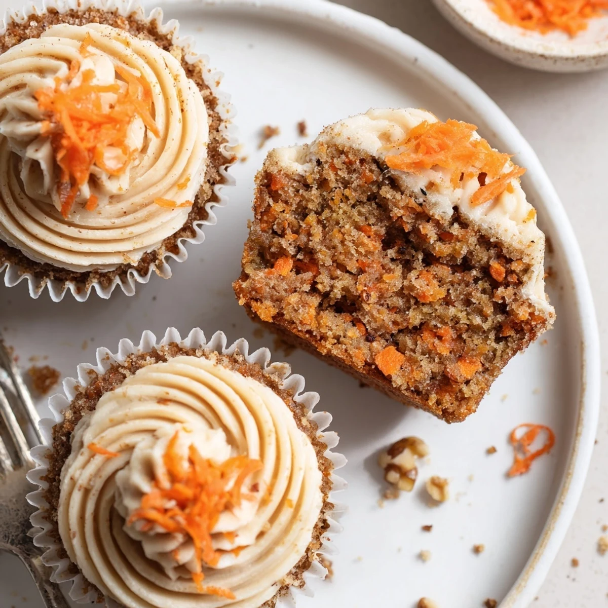 Party-ready Moist Carrot Cake Cupcakes garnished with grated carrot, served with chai