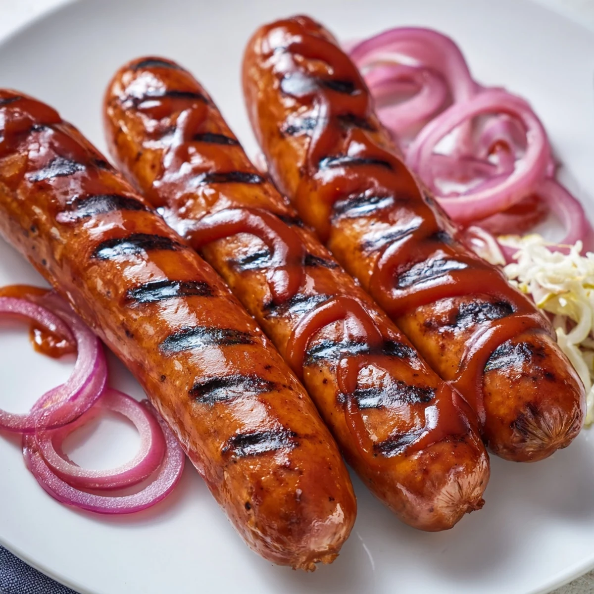 BBQ Sausage Recipe: charred, glossy links brushed with tangy sauce on grill.
