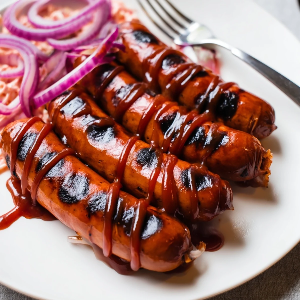 Grilled summer platter featuring BBQ Sausage Recipe with buns, pickles, and coleslaw.