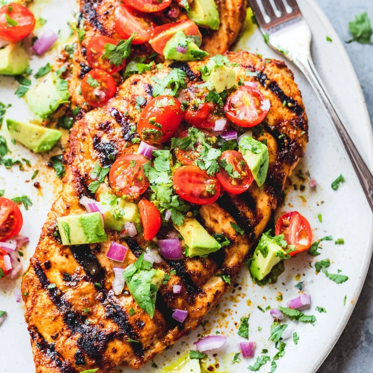 Grilled Fiesta Lime Chicken With Avocado topped with diced cilantro, lime wedge