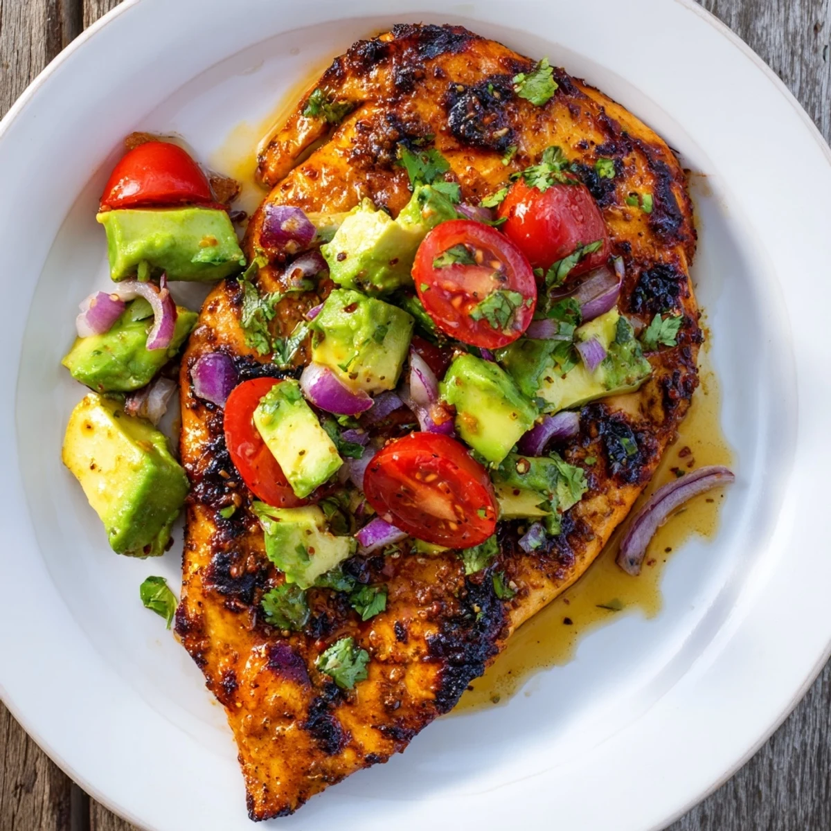 Charred Fiesta Lime Chicken With Avocado crowned by creamy tomato-cilantro salsa