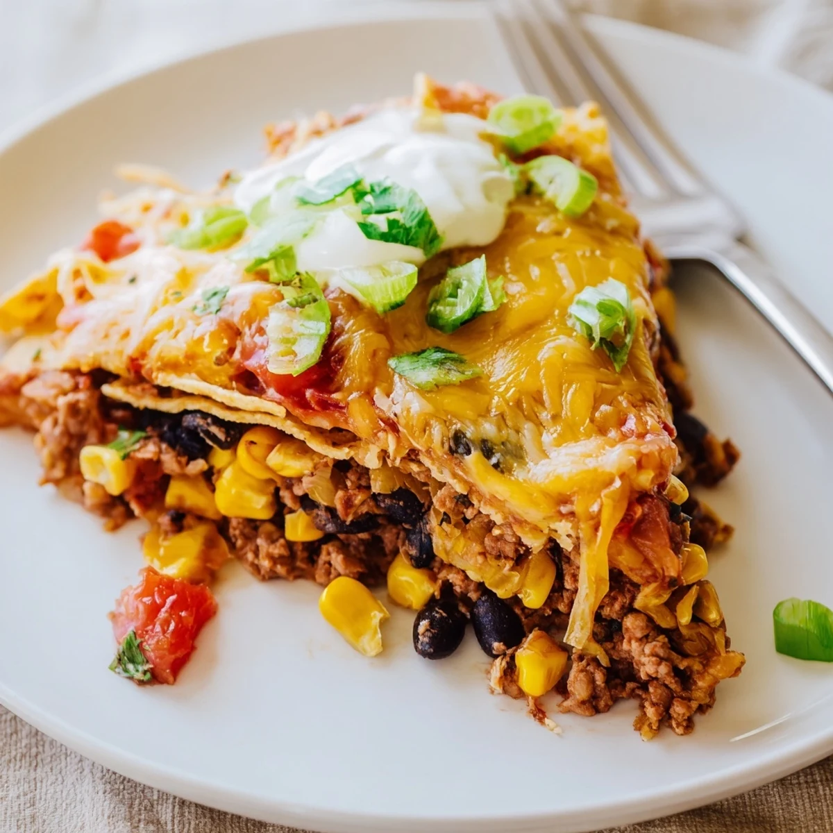 Cheesy Nacho Casserole bubbling golden, layered beef, chips, melted cheddar close-up