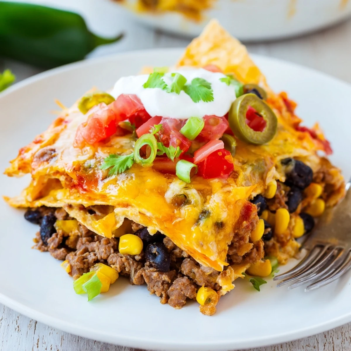 Warm Cheesy Nacho Casserole served with sour cream, cilantro, sliced jalapeños