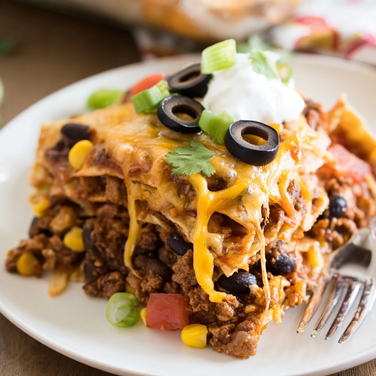 Oven-baked Cheesy Nacho Casserole: crunchy tortilla layers, seasoned beef, gooey cheese