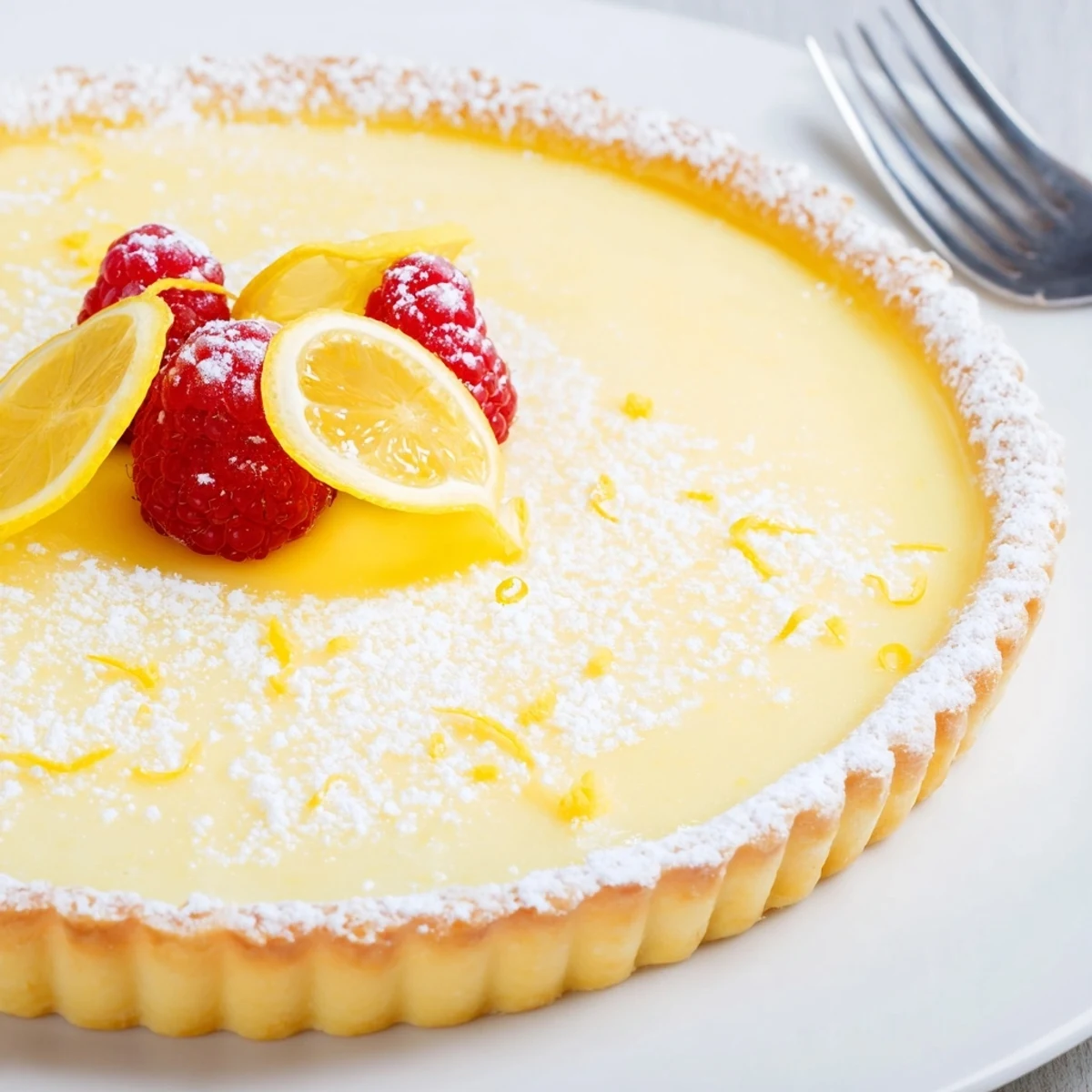 Slice of Creamy Lemon Tart Recipe on plate dusted with powdered sugar