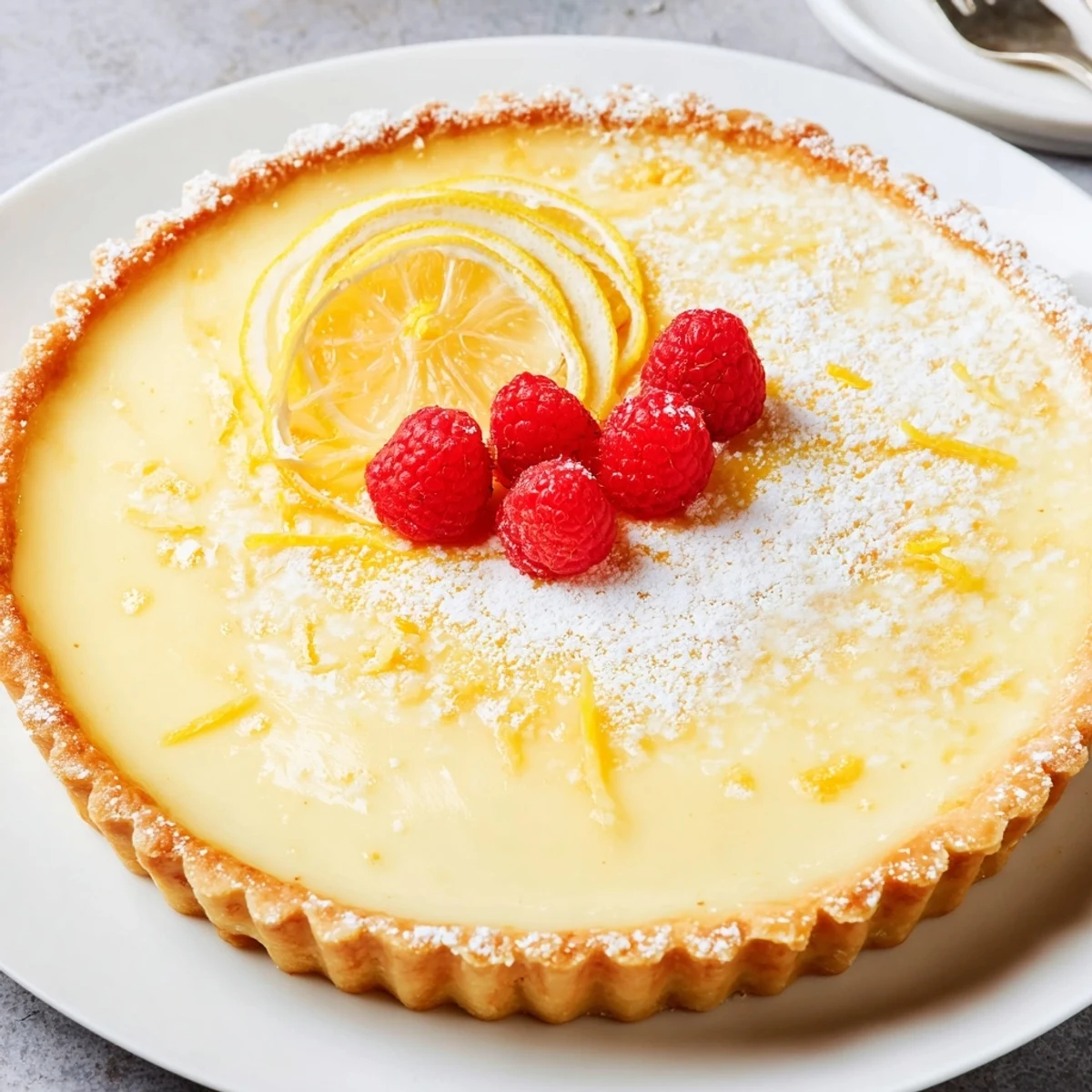 Freshly baked Creamy Lemon Tart Recipe cooling on rack, bright citrus aroma