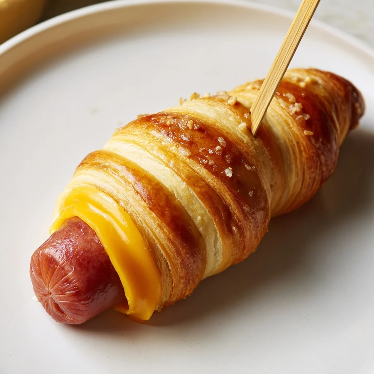 Firecracker Hot Dogs Recipe: golden crescent roll wrapped dogs glistening with melted butter