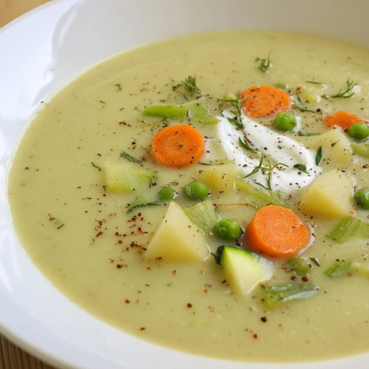 Steaming bowl of Creamy Vegetable Soup Recipe, velvety texture and parsley.