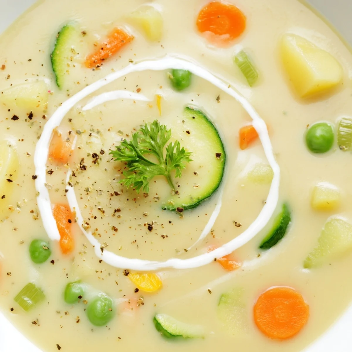 Hearty Creamy Vegetable Soup Recipe served hot with crusty bread slice.