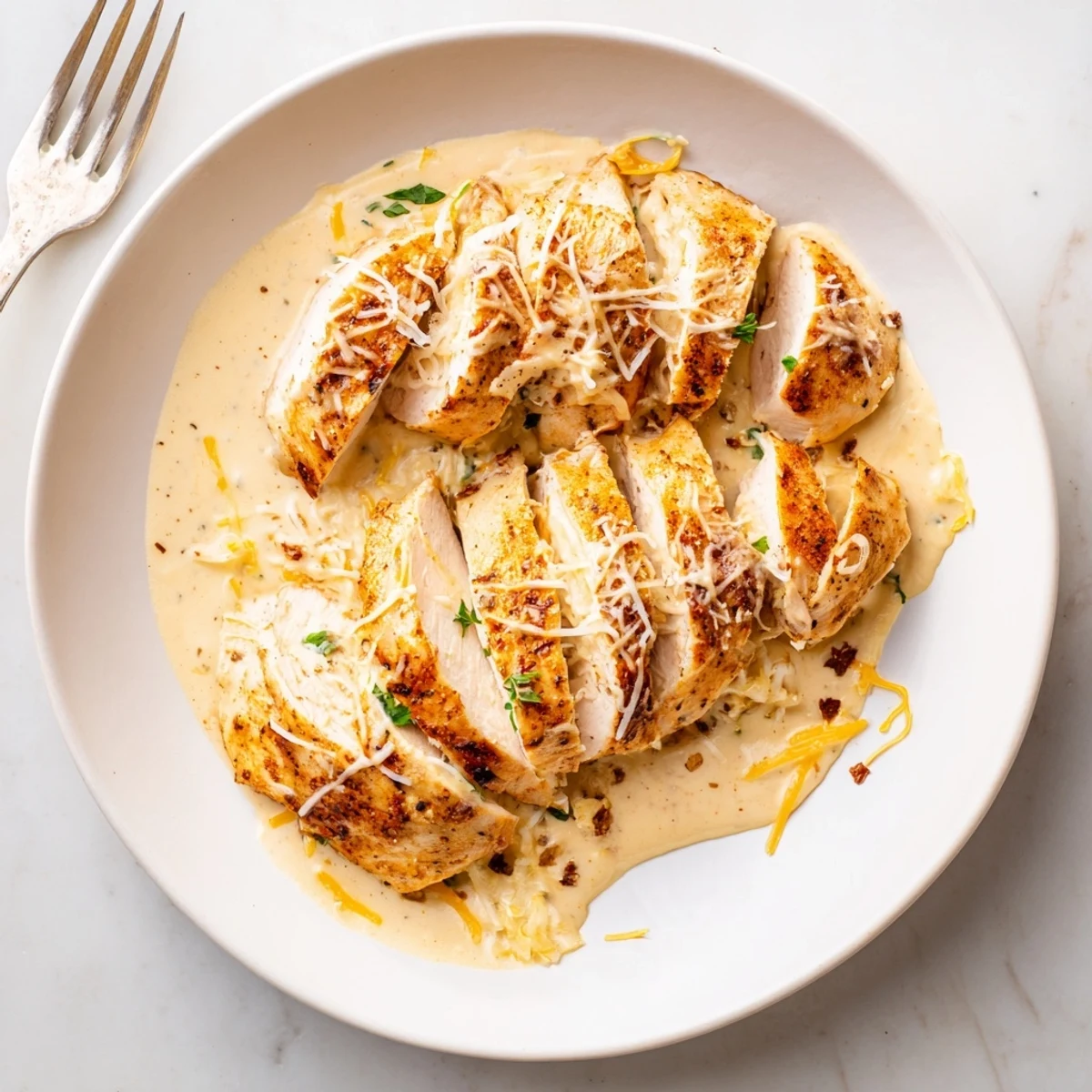 Oven-baked Chicken With Cheese Sauce topped with golden Parmesan and garlic aroma.