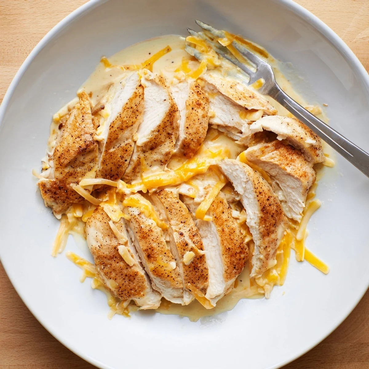 Juicy pan-seared Chicken With Cheese Sauce draped in silky cheddar, served.