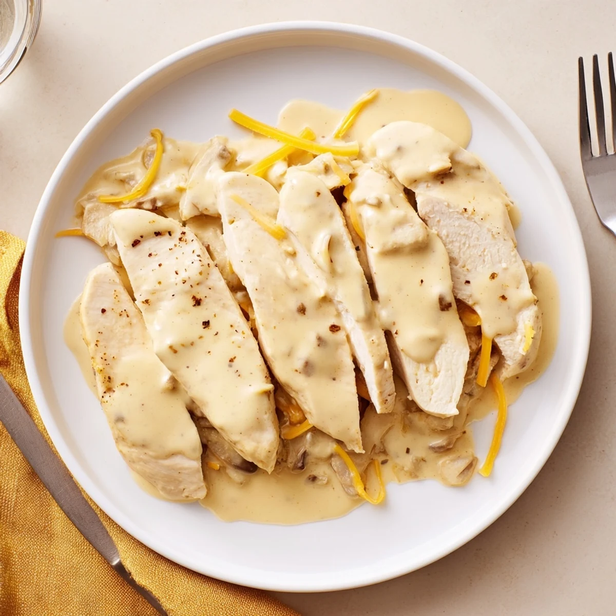 Comforting weeknight Chicken With Cheese Sauce spooned over breasts, paired with broccoli.