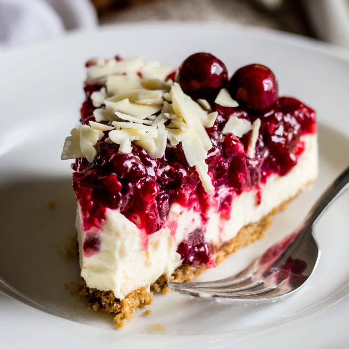 No Bake Cranberry White Chocolate Cheesecake with glossy cranberry topping and white chocolate shavings