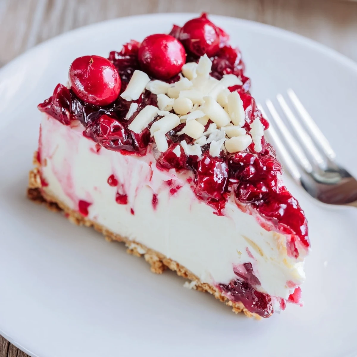 Chilled No Bake Cranberry White Chocolate Cheesecake atop buttery graham crust, tangy cranberries