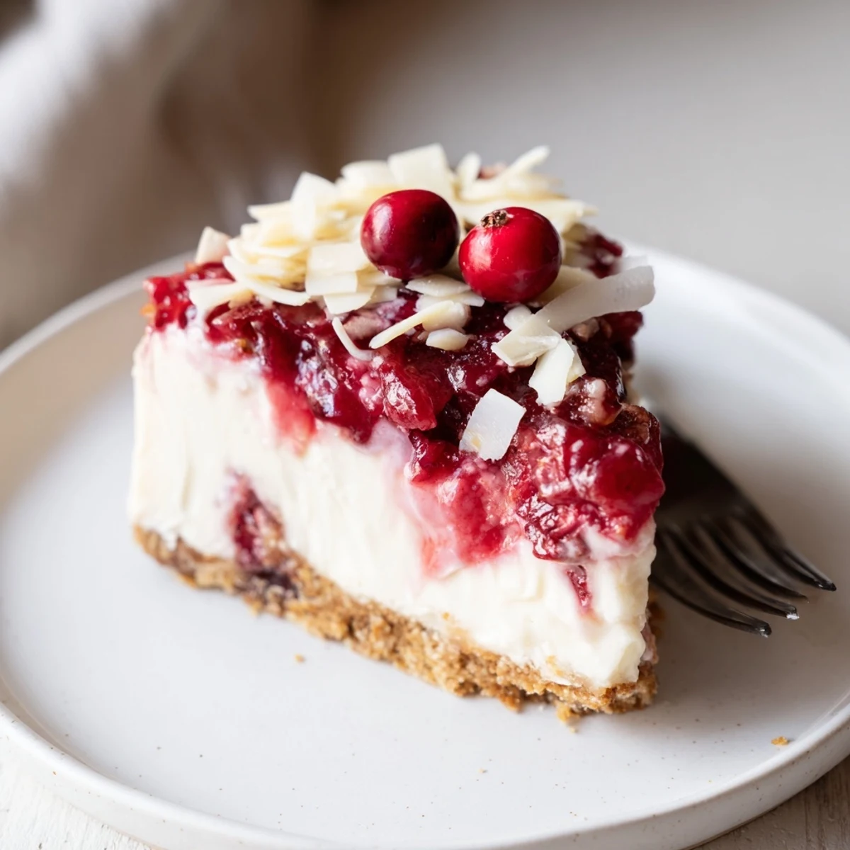 Slice of No Bake Cranberry White Chocolate Cheesecake on plate, creamy texture revealed