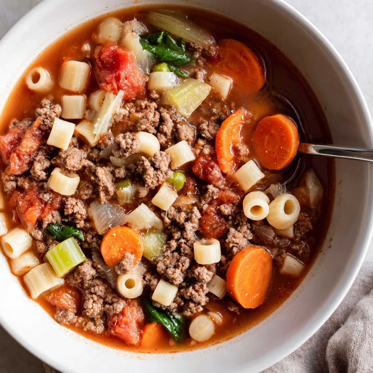Steaming Delicious Homemade Ground Beef Pasta Soup Recipe For Comfort served with Parmesan.