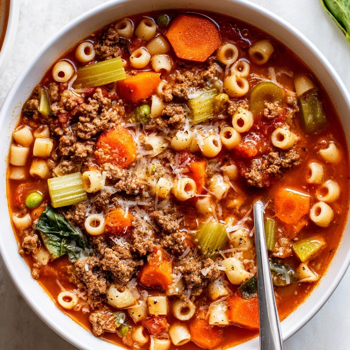 Hearty bowl showcasing Delicious Homemade Ground Beef Pasta Soup Recipe For Comfort, veggies visible.