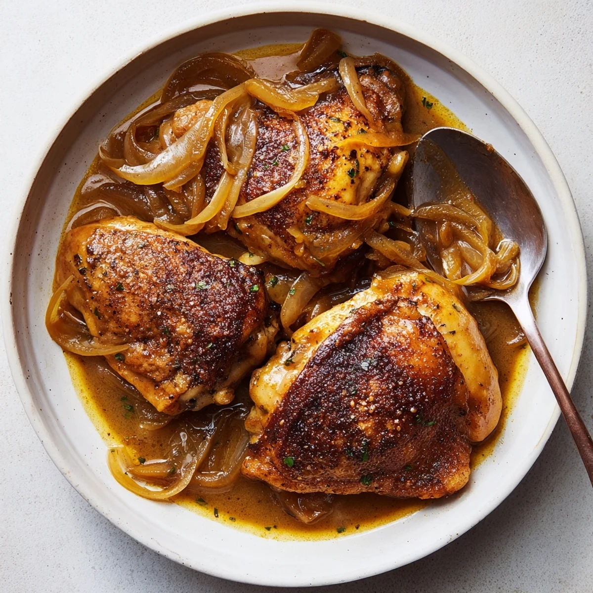 Savory Smothered Chicken Thighs bathed in glossy onion gravy over mashed potatoes