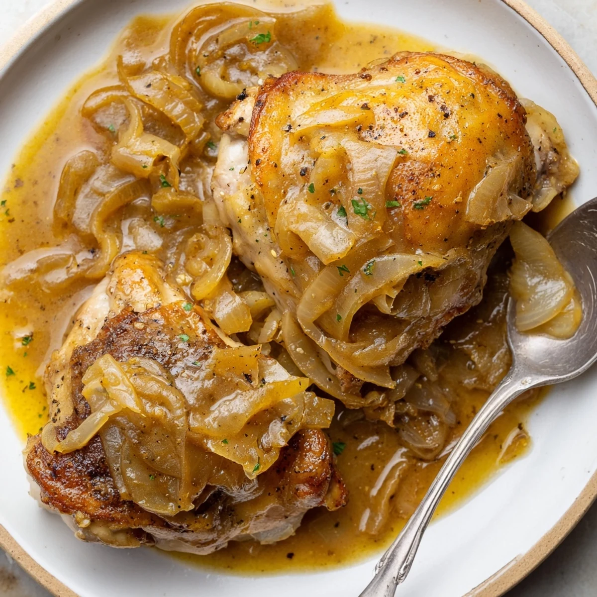 Golden-skinned Savory Smothered Chicken Thighs simmered in rich, aromatic brown gravy
