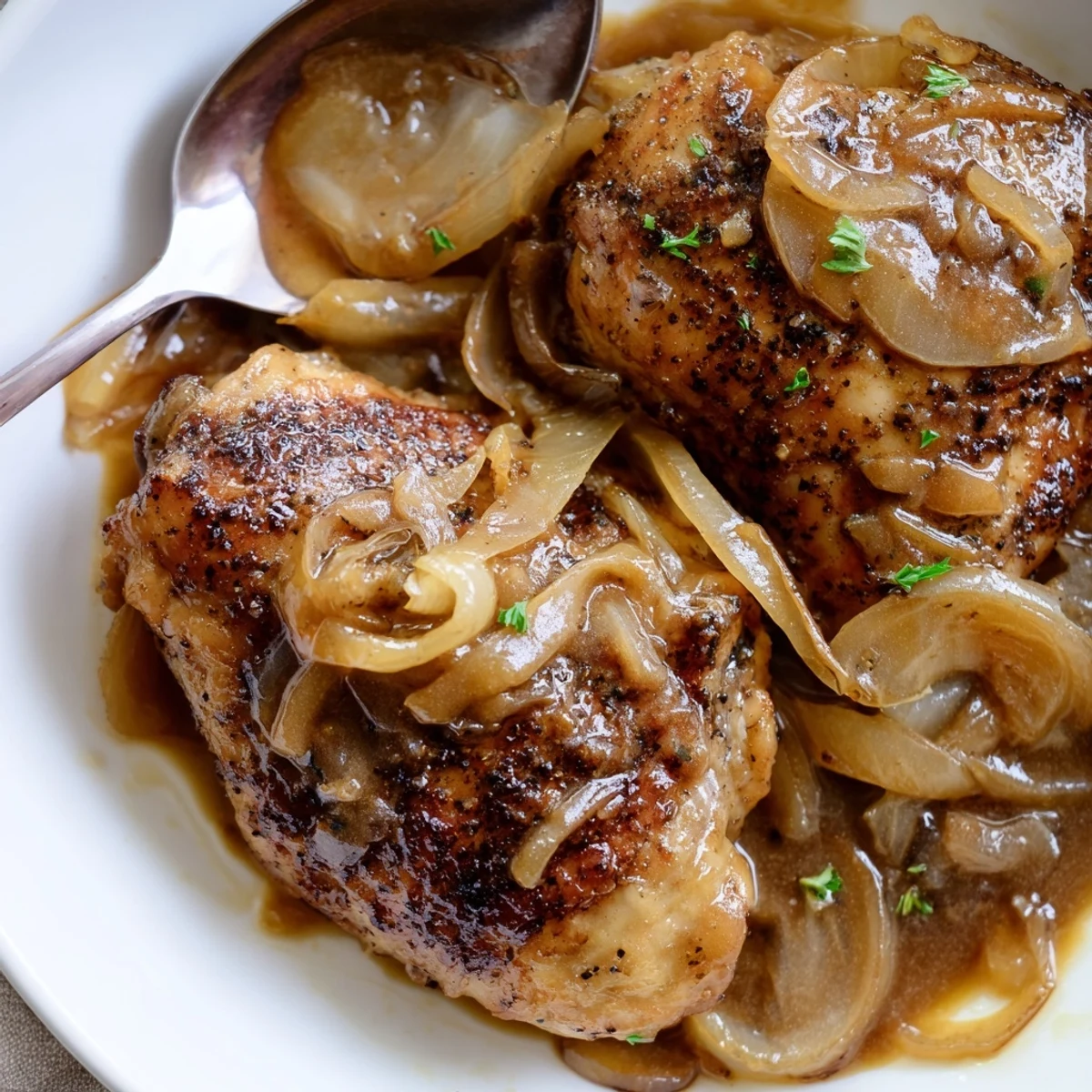 Plate of Savory Smothered Chicken Thighs topped with caramelized onions and parsley