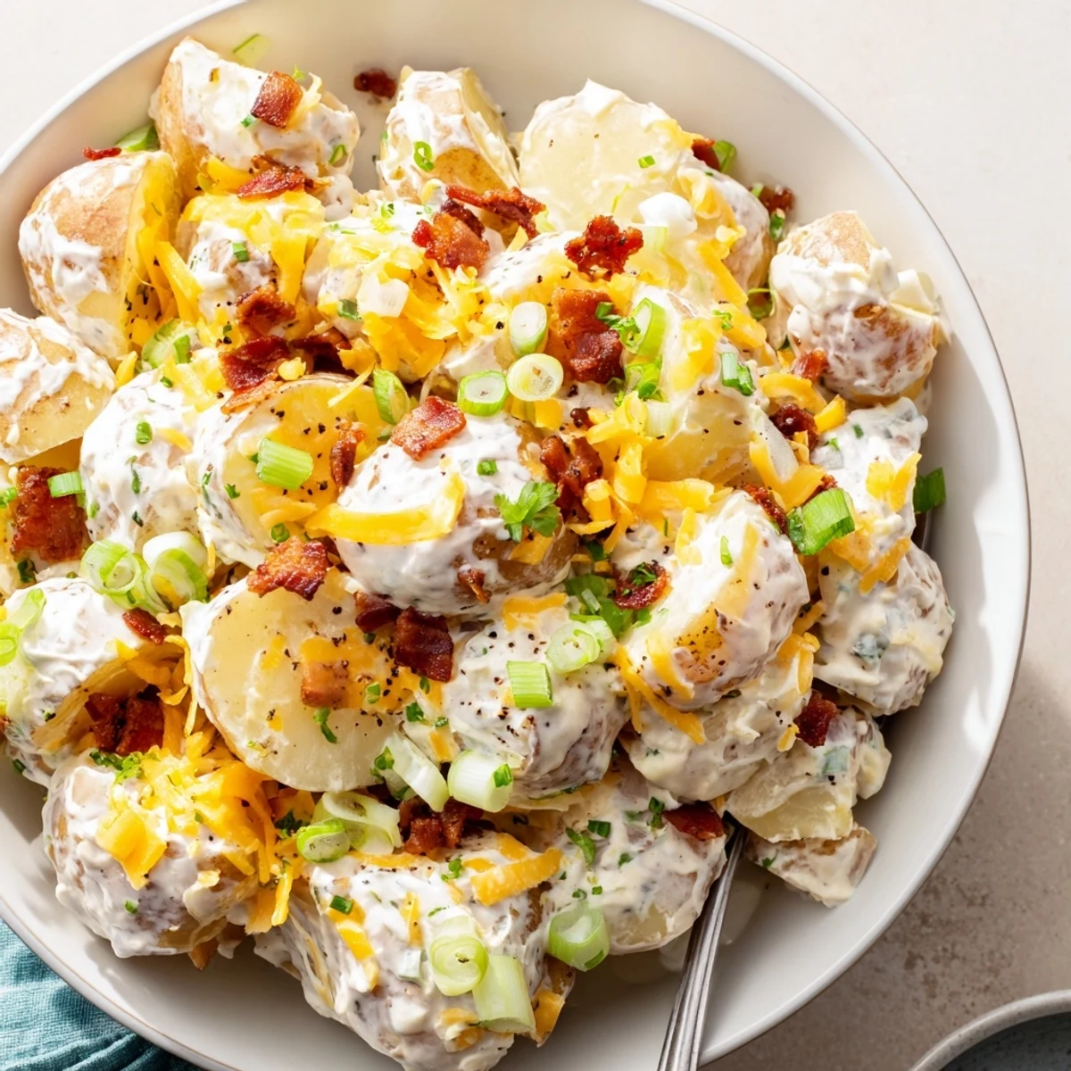 Creamy Beef Bacon Loaded Potato Salad piled high, ready for potluck