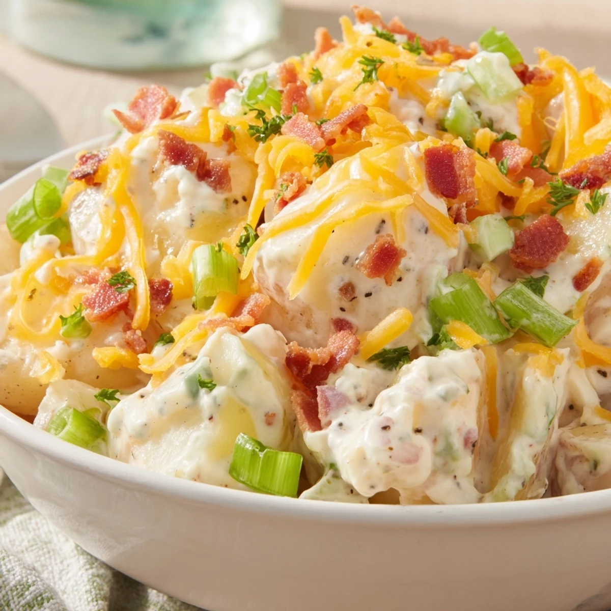 Beef Bacon Loaded Potato Salad steaming with crispy bacon, cheddar, fresh herbs