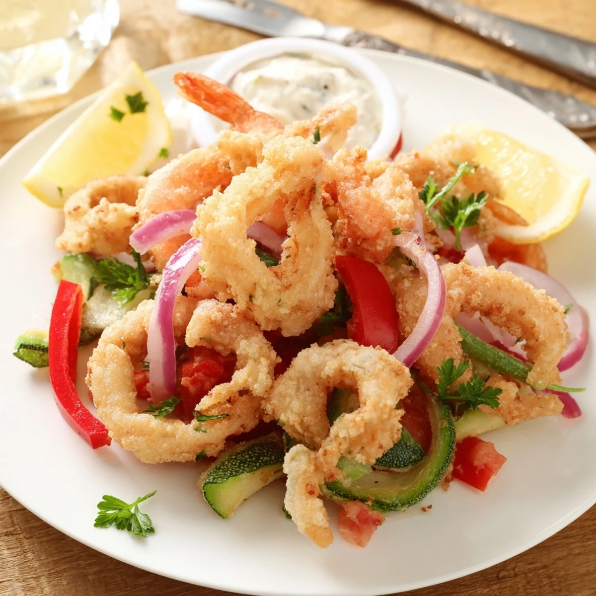 Crispy Shrimp Fritto Misto piled on platter with lemon wedges, sizzling
