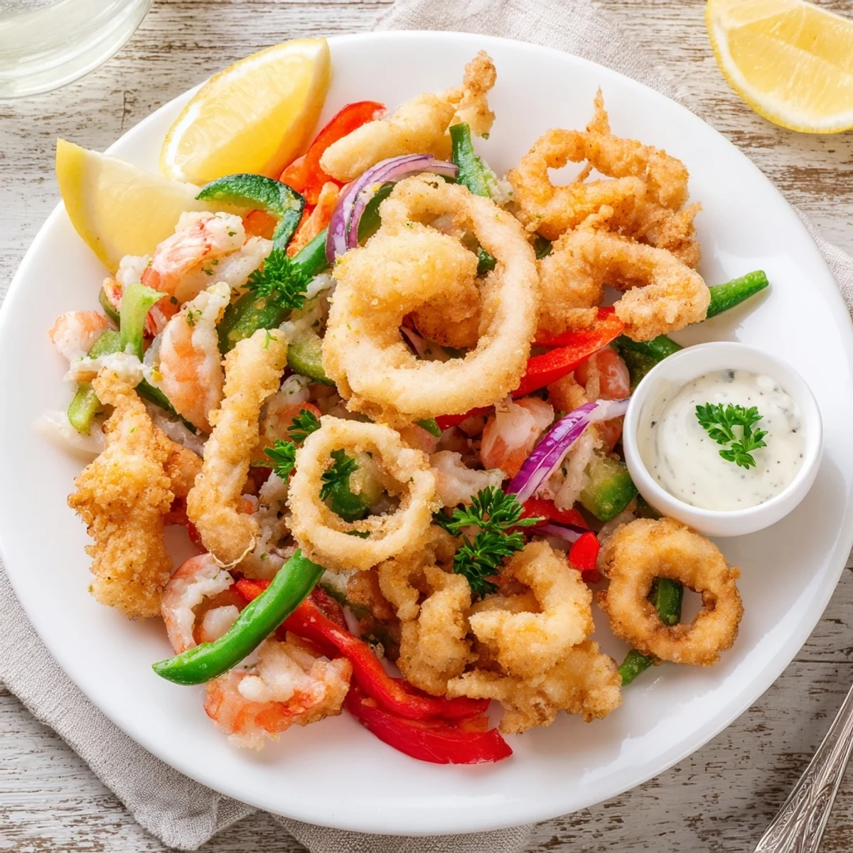 Served hot, Crispy Shrimp Fritto Misto with parsley garnish and aioli