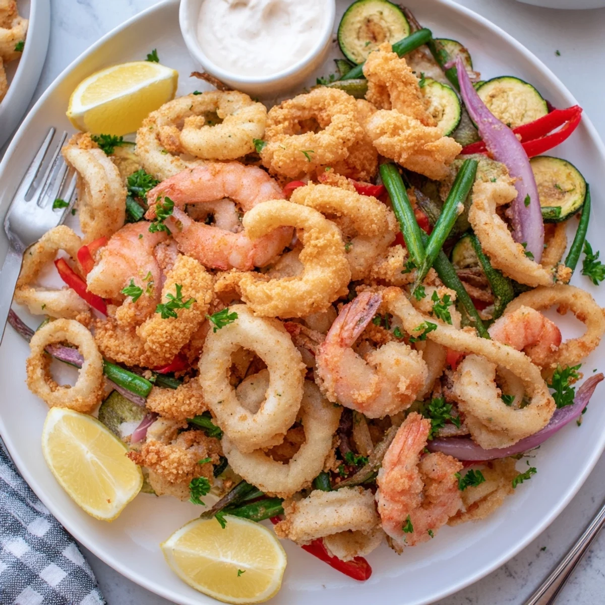 A platter of Crispy Shrimp Fritto Misto with zucchini rounds and dipping sauces