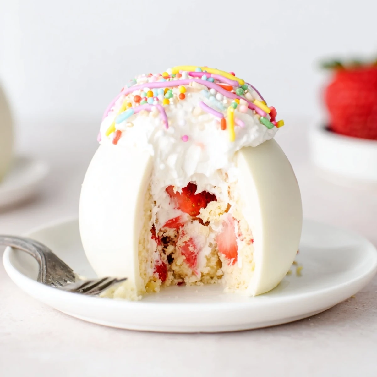 Strawberry Shortcake Easter Egg Bombs with creamy filling, crunchy shortcake, festive sprinkles.