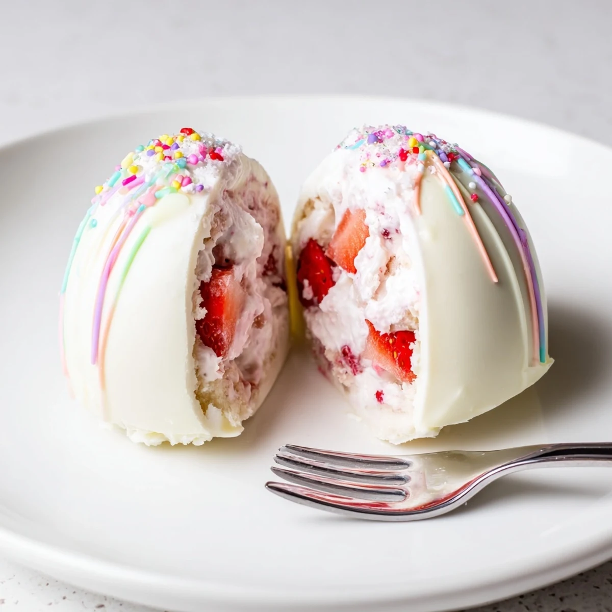 Mini Strawberry Shortcake Easter Egg Bombs split open to reveal whipped cream.