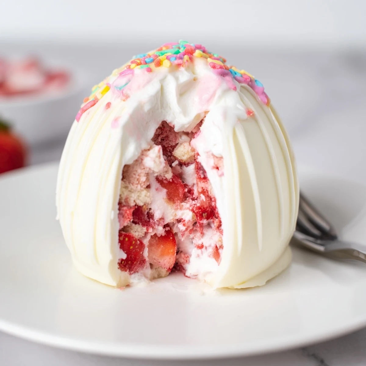 Decorated Strawberry Shortcake Easter Egg Bombs chilled on plate, sweet strawberry aroma.