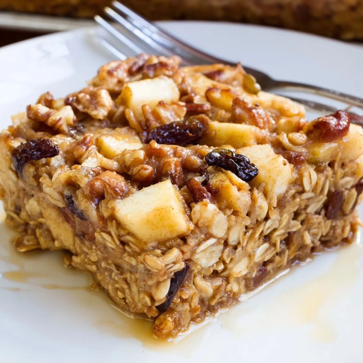 Steaming Delicious Apple Cinnamon Oatmeal Bake Recipe For Mornings, studded with caramelized apples.  