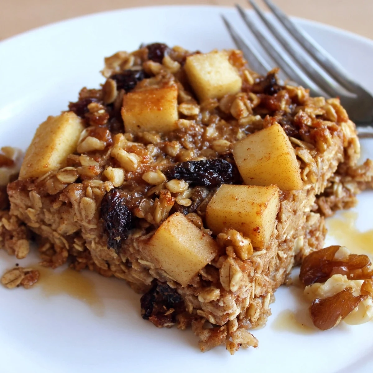 Golden Delicious Apple Cinnamon Oatmeal Bake Recipe For Mornings, topped with crunchy pecans.  