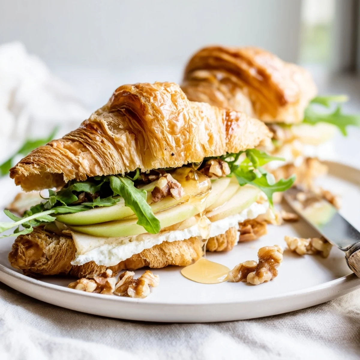 Toasted Apple Goat Cheese Croissant Sandwich drizzled with honey, sprinkled walnuts.