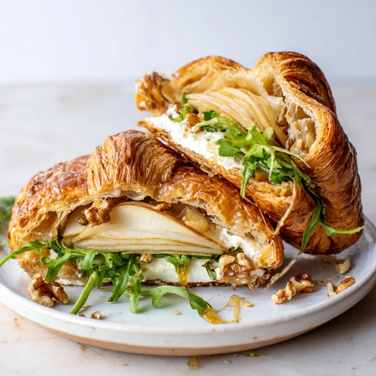 Warm buttery Apple Goat Cheese Croissant Sandwich with crisp apple slices, arugula.