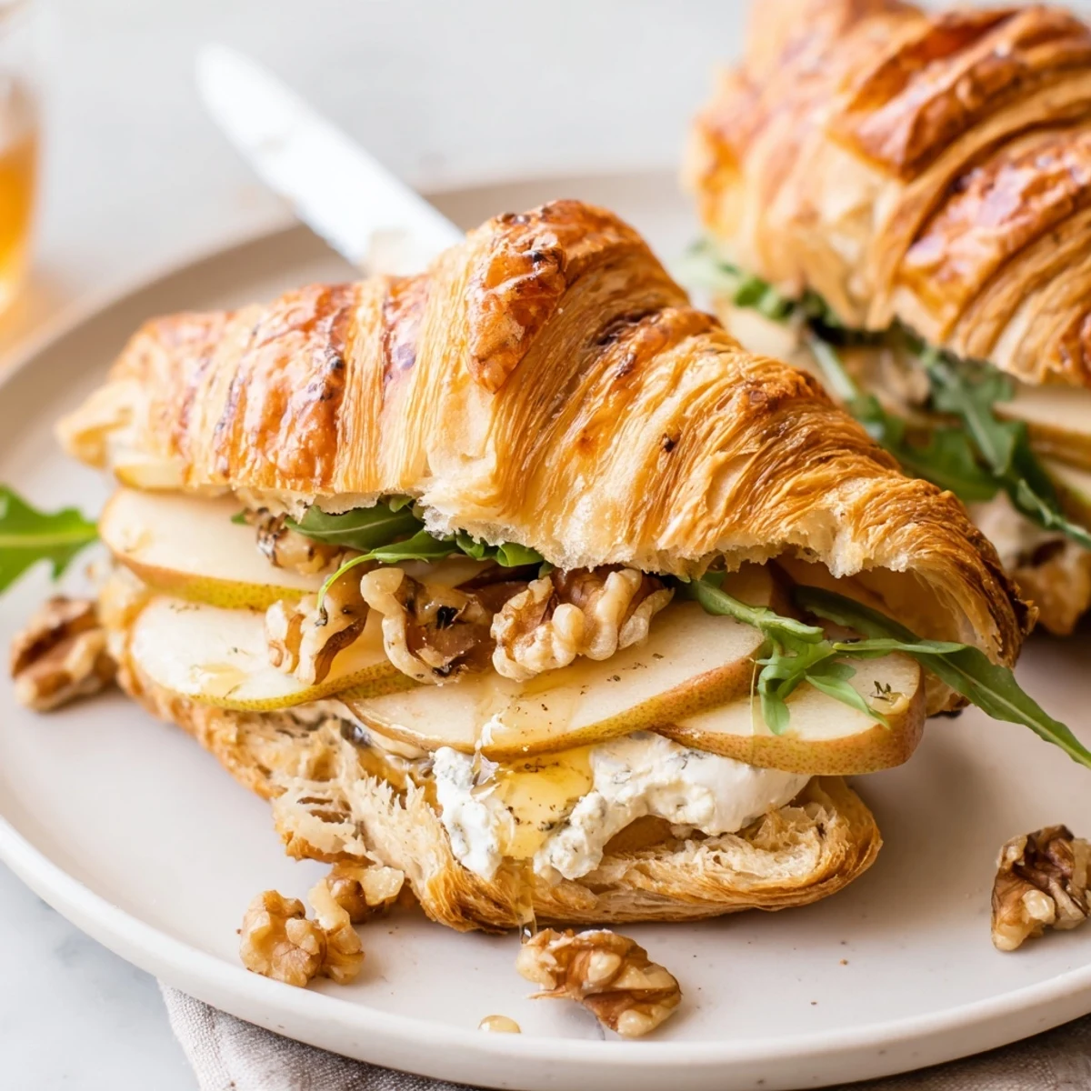 Picnic-ready Apple Goat Cheese Croissant Sandwich topped with fresh greens.